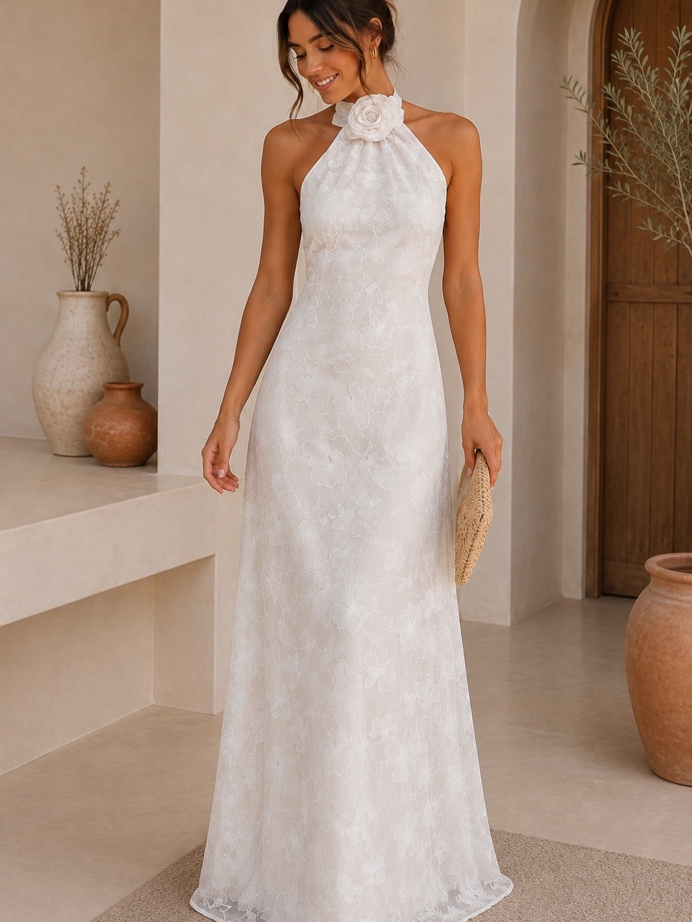 JW PEI White Floral Embroidered Halter Maxi Dress NWT | Open Back | Size 2
